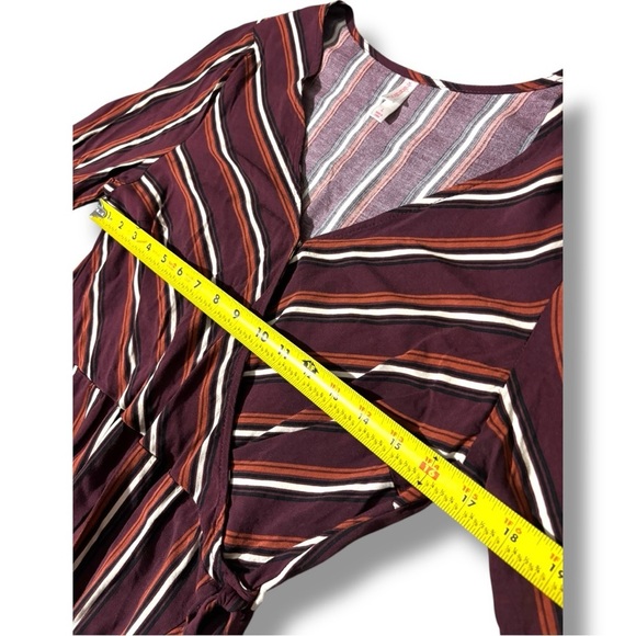 Exhilaration Maroon/Cream Striped Cinch Waist V-Neck Long Sleeve Faux Wrap Dress - Picture 13 of 16